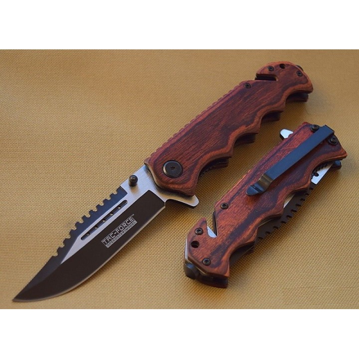 Couteau Tac Force Rescue A/O Lame Acier Inox Manche Bois Cutter/Brise Vitres TF809WD - Livraison Gratuite
