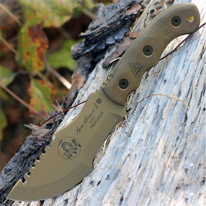 Couteau De Survie Tops Tom Brown Tracker Acier Carbone 1095 Manche Green Micarta Etui Kydex USA TPTBT02TAN - Livraison Gratuite