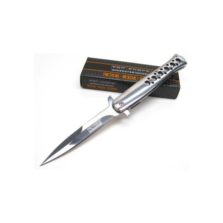 Couteau Stiletto Mafia Milano Tac Force A/O Lame Acier Carbone/Inox Manche Métal TF884CH - Livraison Gratuite
