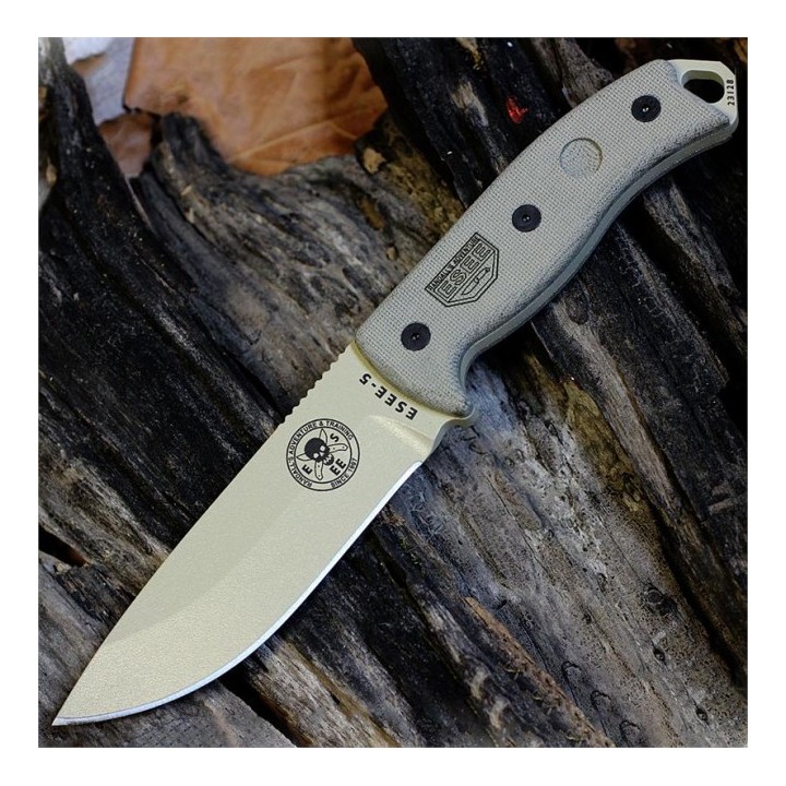 Couteau ESEE Model 5 Desert Tan Lame Acier Carbone 1095 Manche Micarta Etui Kydex Made In USA ES5PDT - Livraison Gratuite