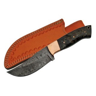 Couteau Damas Skinner Lame 256 Couches Manche Corne Bélier Etui Cuir DM1152 - Livraison Gratuite