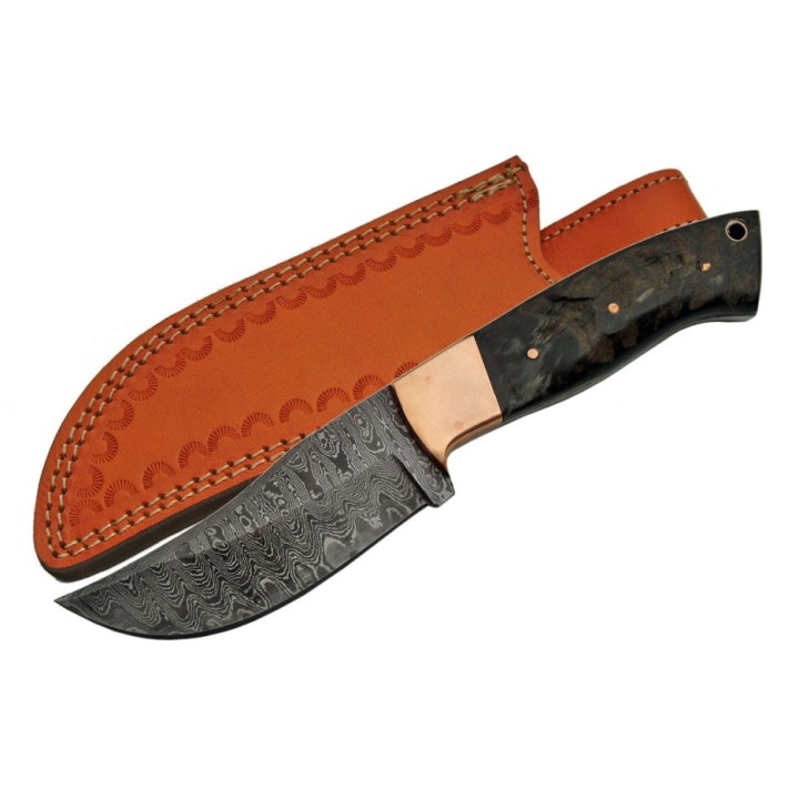 Couteau Damas Skinner Lame 256 Couches Manche Corne Bélier Etui Cuir DM1152 - Livraison Gratuite