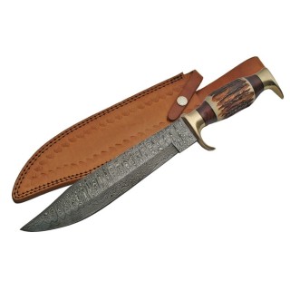 Couteau Damas Bowie Lame 256 Couches Manche Bois de Cerf Etui Cuir DM1164 - Livraison Gratuite