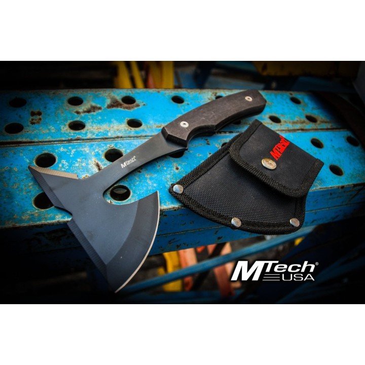Lot de 2 Hache Tactical Tomahawk Mtech Lame Acier Carbone Manche Bois Etui Nylon MT600BK - Livraison Gratuite