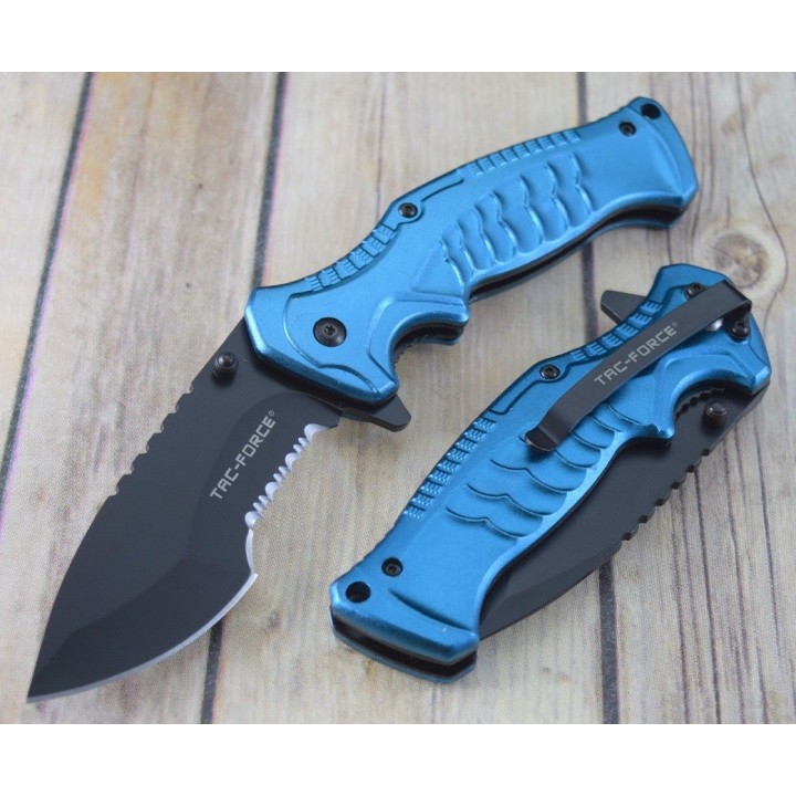 Couteau Tactical Tac-Force A/O Lame Acier 3Cr13 Serrated Manche Blue Aluminium TF993BL - Free Shipping