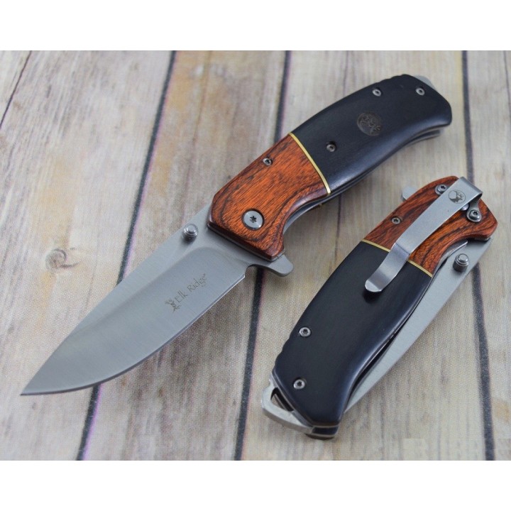Couteau Elk Ridge A/O Lame Acier Inox Manche 2 Bois Linerlock Clip ERA950BK - Livraison Gratuite