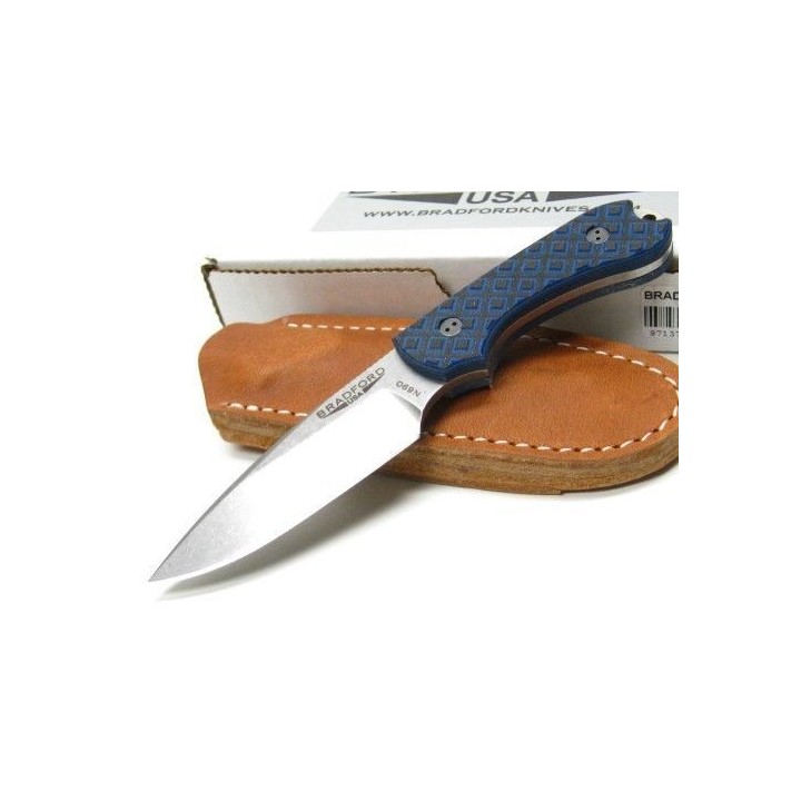 Couteau Bradford Knives Guardian 3 EDC Black/Blue Lame Acier N690 Manche G-10 Etui Cuir Made In USA BRAD04 - Livraison Gratuite