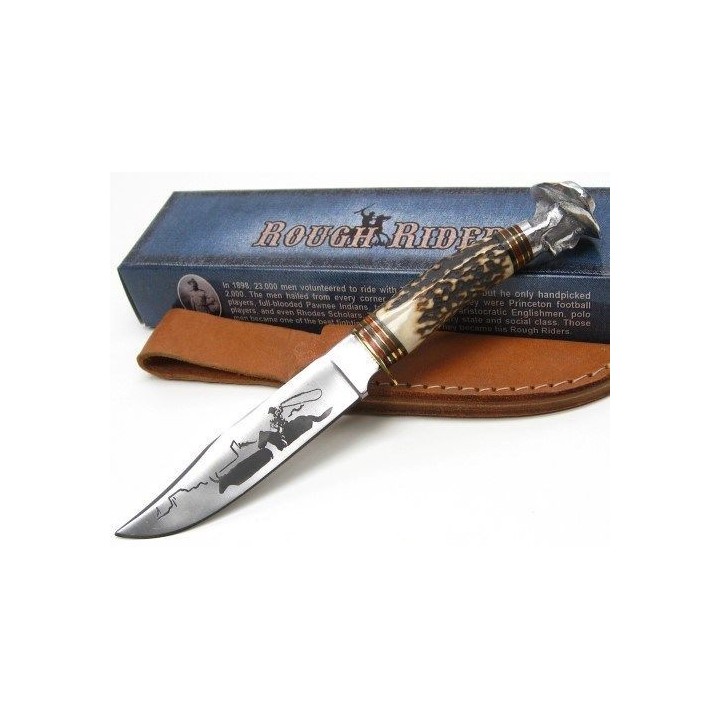 Couteau Rough Rider Bone Cowboy Lame Acier 440 Manche Os Etui Cuir RR1630 - Livraison Gratuite