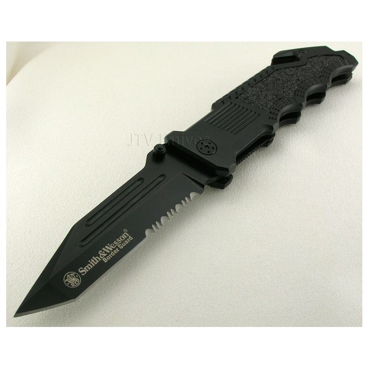 Couteau Smith&Wesson Border Guard Tanto Lame Acier 7Cr17 Serrat Coupe Ceintures Brise Vitres SWBG2TS - Livraison Gratuite