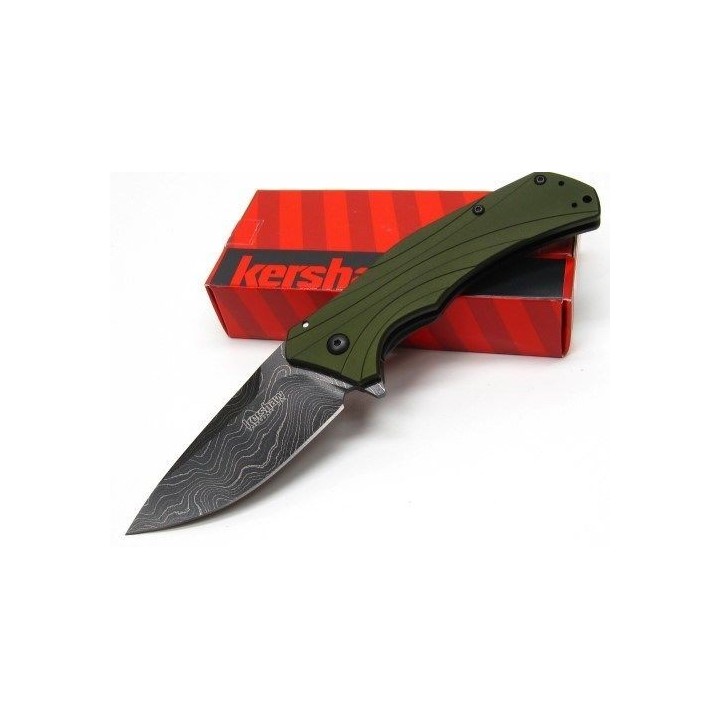Couteau Damas Kershaw Knockout A/O Green Lame 128 Couches Manche Aluminium Made USA KS1870OLDAM - Livraison Gratuite