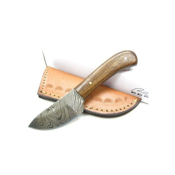 Couteau de Chasse Skinner Lame Damas 258 Couches Manche Bois Etui Cuir DM1080WN - Livraison Gratuite