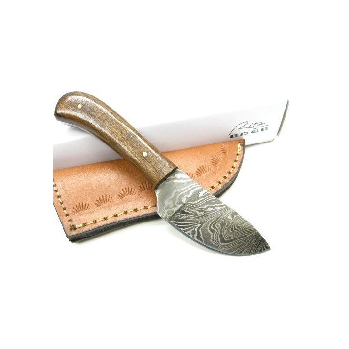 Couteau de Chasse Skinner Lame Damas 258 Couches Manche Bois Etui Cuir DM1080WN - Livraison Gratuite