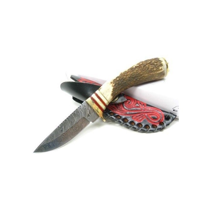Couteau de chasse lame DAMAS et manche BOIS DE CERF DM1046
