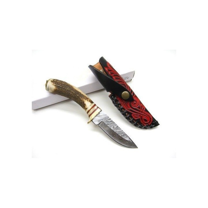 Couteau de chasse lame DAMAS et manche BOIS DE CERF DM1046