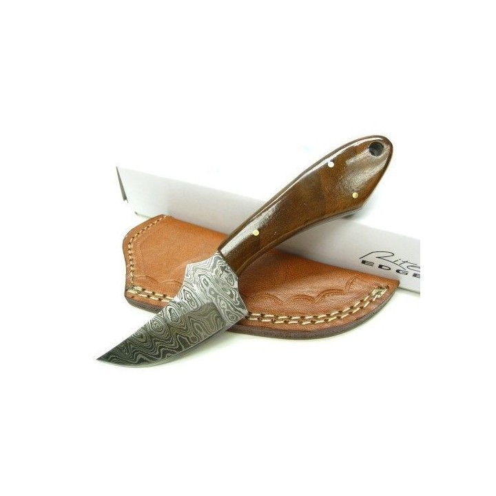 Skinner Couteau Damas Lame 256 Couches Manche Bois Etui Cuir DM1131WN - Livraison Gratuite