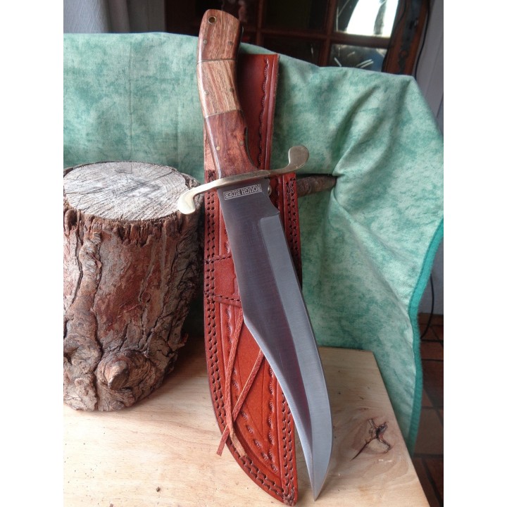 Couteau de Trappeur Bowie Alamo David Crocket Lame Acier Carbone Manche Bois Etui Cuir RR2007 - Livraison Gratuite