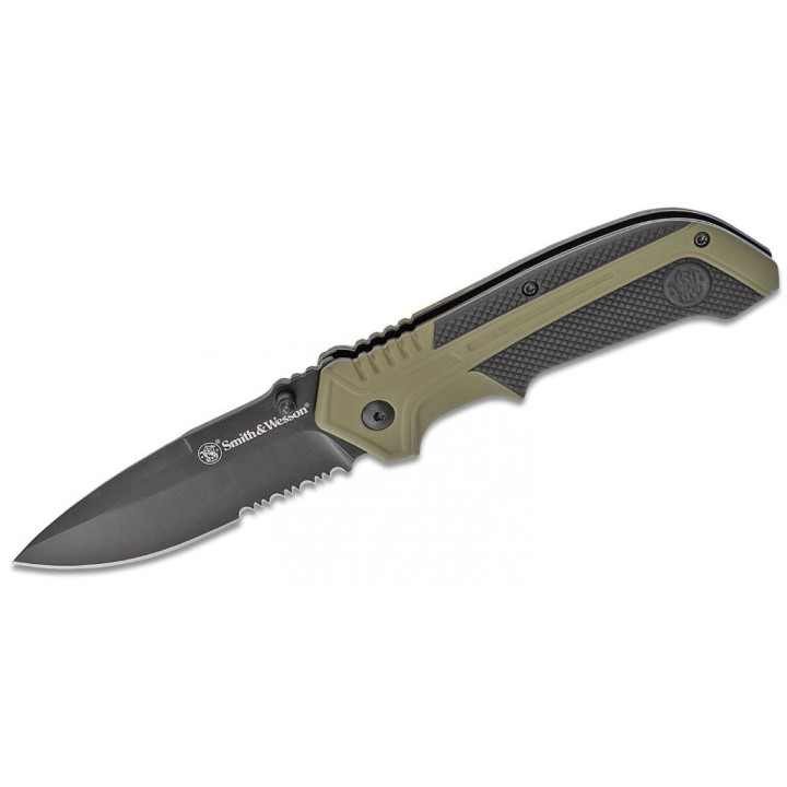 Couteau Smith&Wesson A/O Lame Acier 8Cr13MoV Serrat Manche OD Green Aluminum SW1100036 - Livraison Gratuite