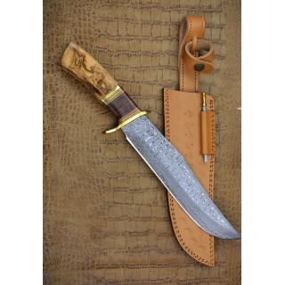 Couteau Damas Bowie Alamo Lame 256 Couches Manche Olivier Etui Cuir DM1132 - Livraison Gratuite