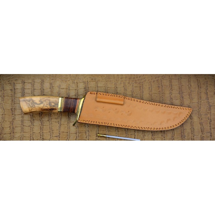 Couteau Damas Bowie Alamo Lame 256 Couches Manche Olivier Etui Cuir DM1132 - Livraison Gratuite
