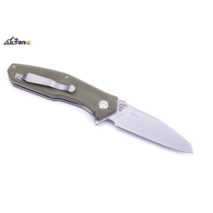 Couteau Ultra-X Omen Olive Lame Acier AUS-8 Manche G-10 Linerlock Clip UXHK212E - Livraison Gratuite