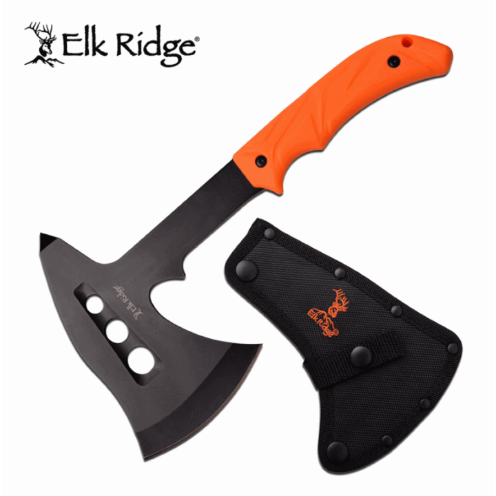 Hache Hachette Tomahawk Elk Ridge Survival Camp Lame Acier 3Cr13 Manche Orange Abs Etui Nylon ERAXE005OR - Livraison Gratuite