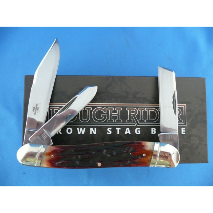 Couteau Rough Rider Large Stockman Brown Stag Bone 3 Lames Acier 440 Manche Os RR1799 - Livraison Gratuite