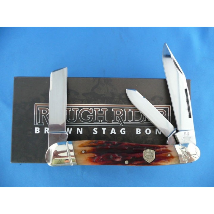 Couteau Rough Rider Large Stockman Brown Stag Bone 3 Lames Acier 440 Manche Os RR1799 - Livraison Gratuite