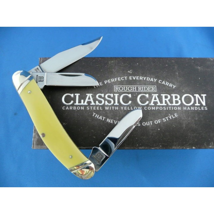 Couteau Rough Rider Sowbelly Yellow 3 Lames Carbon Manche Abs Boite Collector RR1733 - Livraison Gratuite