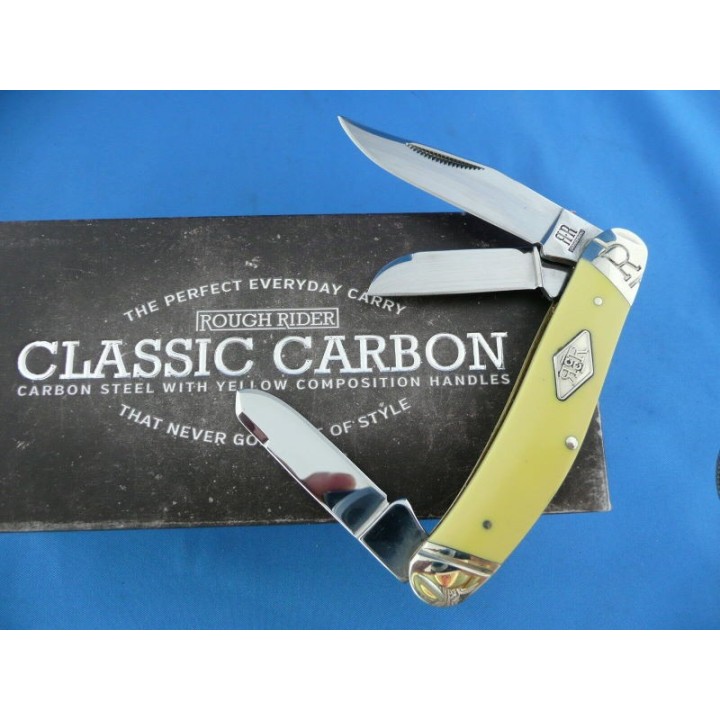 Couteau Rough Rider Sowbelly Yellow 3 Lames Carbon Manche Abs Boite Collector RR1733 - Livraison Gratuite