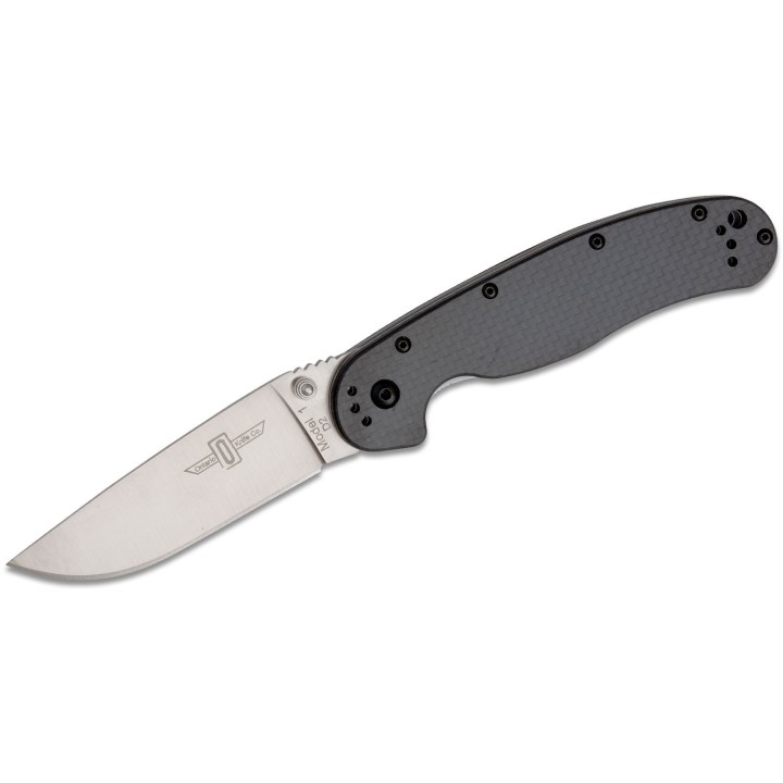 ON8867CF Ontario RAT Model 1 Satin D2 Blade Carbon Fiber Handles Linerlock Clip - Livraison Gratuite