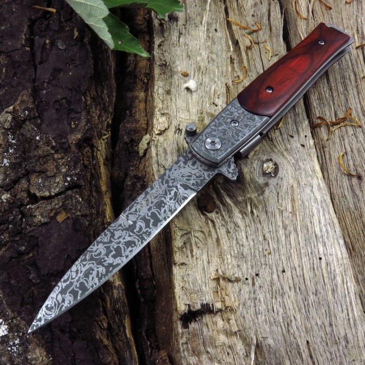 Couteau Tac Force Stiletto A/O Lame Acier 440 Faux Damas Manche Bois Linerlock Clip TF428DMW - Livraison Gratuite
