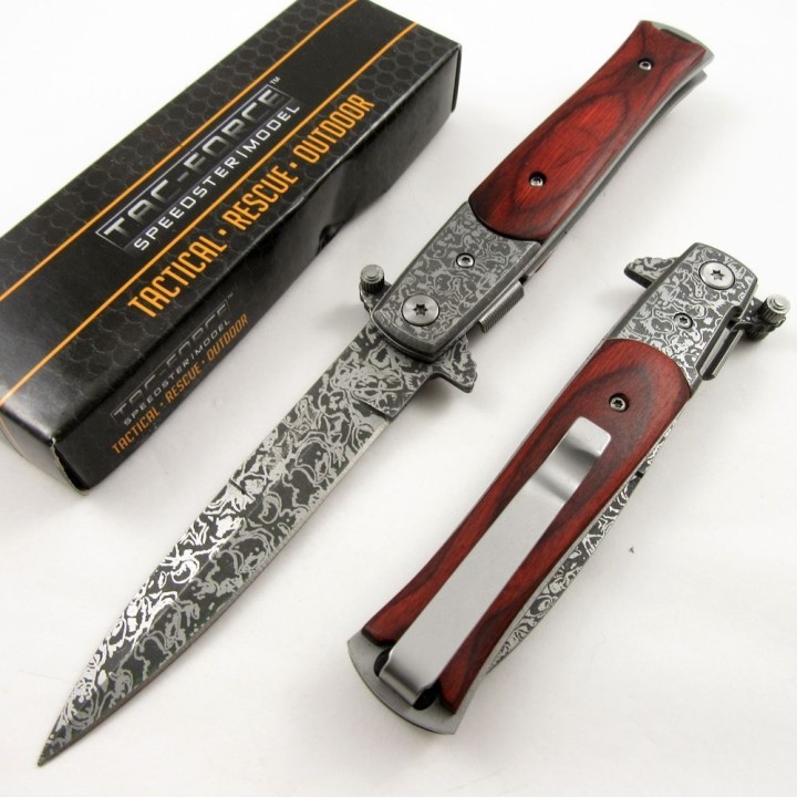 Couteau Tac Force Stiletto A/O Lame Acier 440 Faux Damas Manche Bois Linerlock Clip TF428DMW - Livraison Gratuite