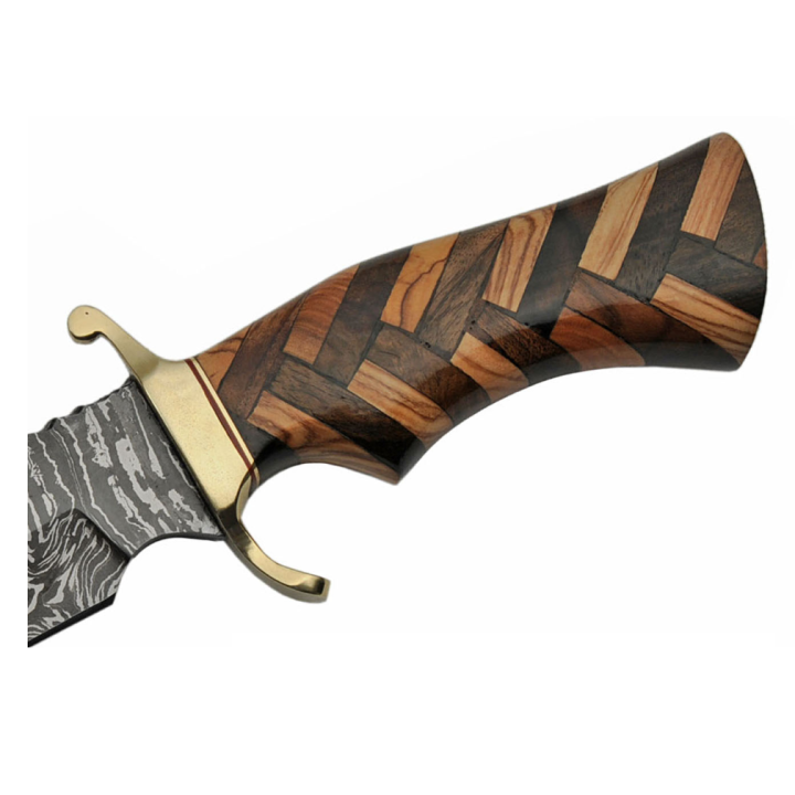 Couteau de Chasse Bowie Hunter Braided Sawback Damas Lame 256 Couches Manche Bois Etui Cuir DM1221 - Livraison Gratuite