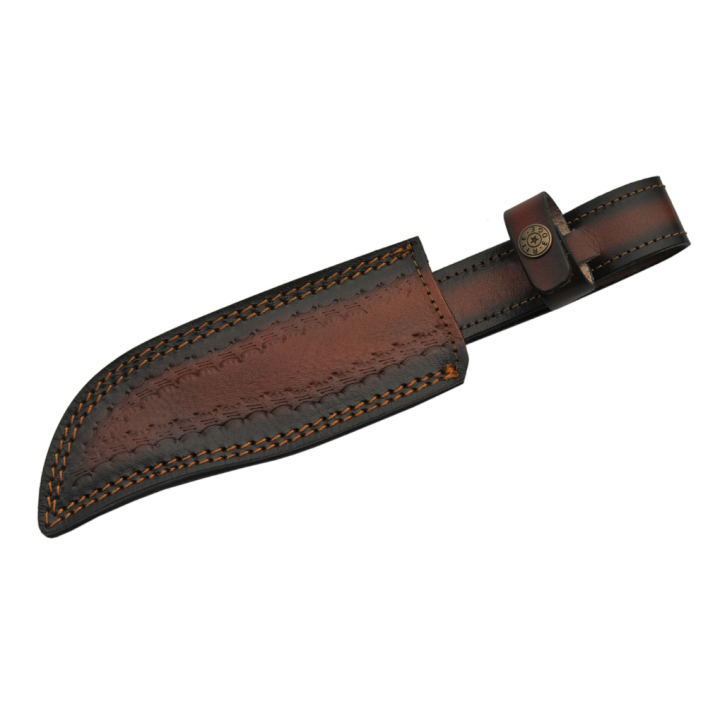 Couteau de Chasse Bowie Hunter Braided Sawback Damas Lame 256 Couches Manche Bois Etui Cuir DM1221 - Livraison Gratuite