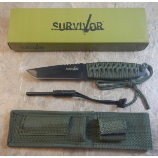 Couteau de Survie Tanto Lame acier Inox Manche Corde Etui Nylon Allume Feu M4008 - Livraison Gratuite
