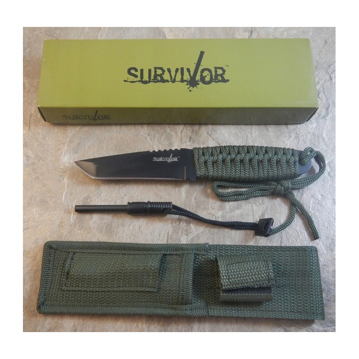 Couteau de Survie Tanto Lame acier Inox Manche Corde Etui Nylon Allume Feu M4008 - Livraison Gratuite