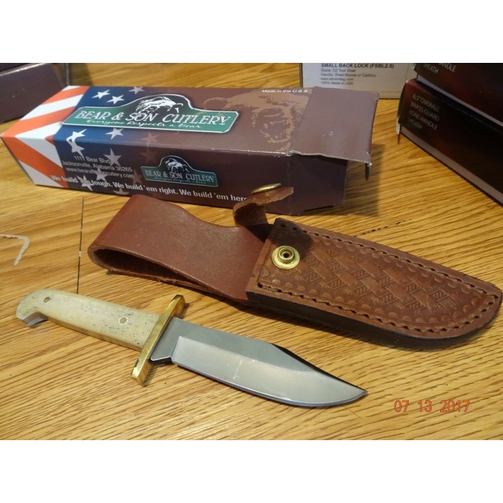 Couteau Bear & Son Baby Bowie Lame Acier 440  Manche Os Etui Cuir Made In USA BCWSB0012 - Livraison Gratuite