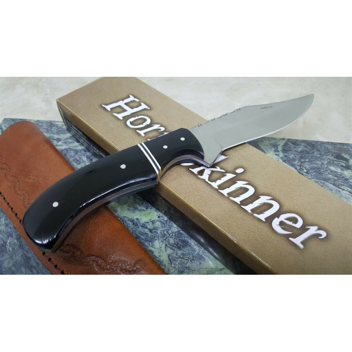  Lot de 3 Couteaux de Chasse Manche Corne Lame Acier Inox Etui Cuir PA203411 - Livraison Gratuite