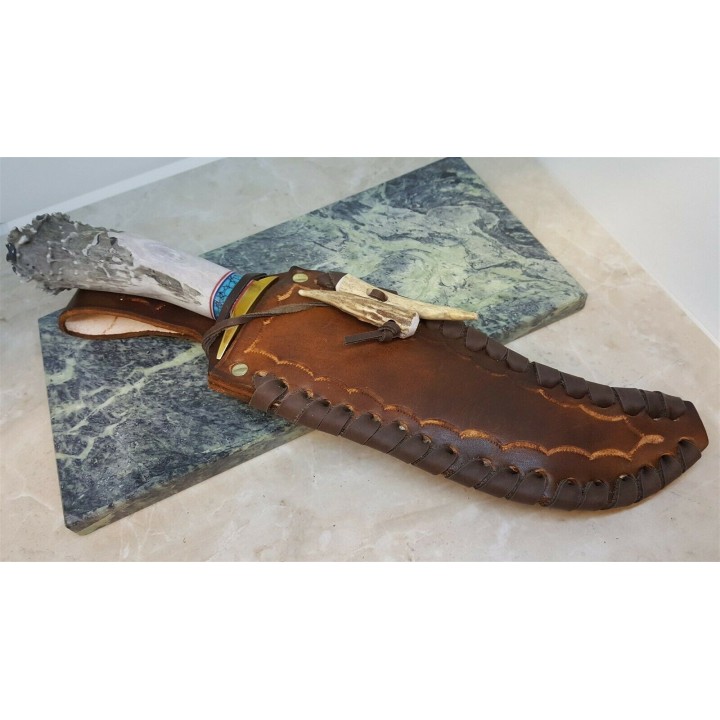 Couteau Ken Richardson Bowie Manche Elan/Turquoise Lame Acier 1085HC Etui Cuir USA KRK1410T - Livraison Gratuite