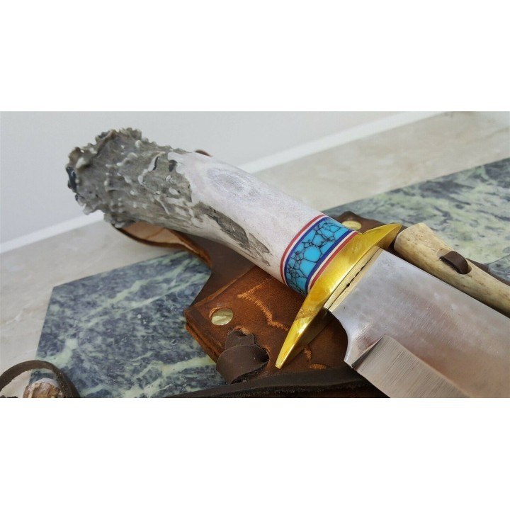 Couteau Ken Richardson Bowie Manche Elan/Turquoise Lame Acier 1085HC Etui Cuir USA KRK1410T - Livraison Gratuite