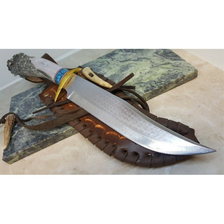 Couteau Ken Richardson Bowie Manche Elan/Turquoise Lame Acier 1085HC Etui Cuir USA KRK1410T - Livraison Gratuite