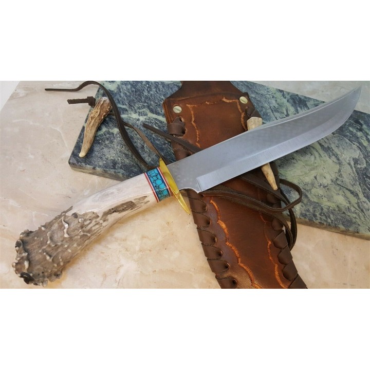 Couteau Ken Richardson Bowie Manche Elan/Turquoise Lame Acier 1085HC Etui Cuir USA KRK1410T - Livraison Gratuite
