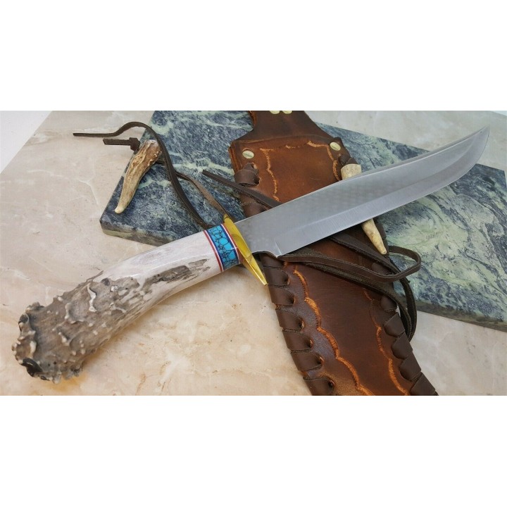 Couteau Ken Richardson Bowie Manche Elan/Turquoise Lame Acier 1085HC Etui Cuir USA KRK1410T - Livraison Gratuite