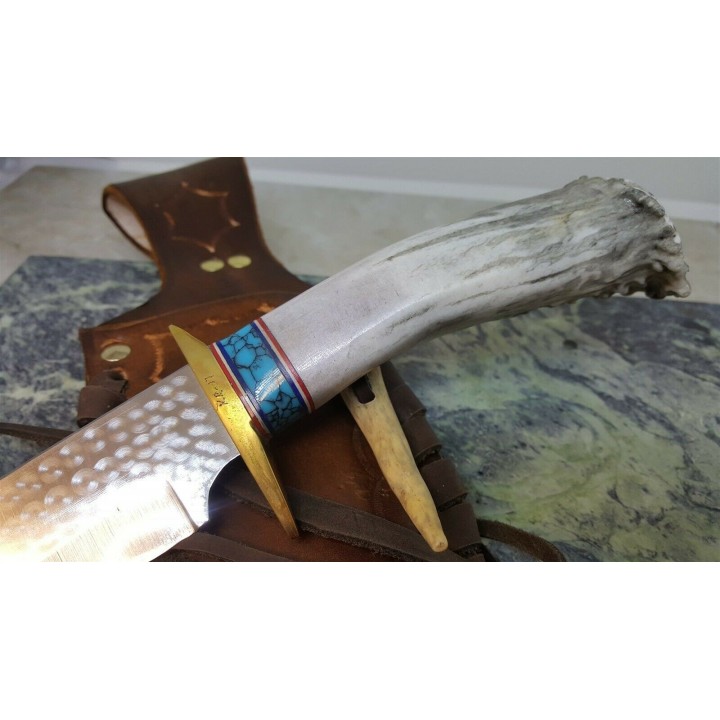 Couteau Ken Richardson Bowie Manche Elan/Turquoise Lame Acier 1085HC Etui Cuir USA KRK1410T - Livraison Gratuite