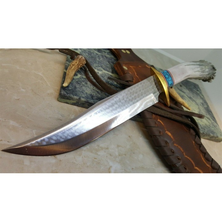 Couteau Ken Richardson Bowie Manche Elan/Turquoise Lame Acier 1085HC Etui Cuir USA KRK1410T - Livraison Gratuite