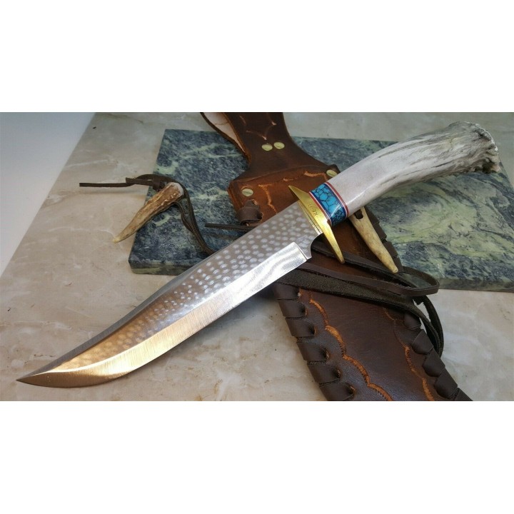 Couteau Ken Richardson Bowie Manche Elan/Turquoise Lame Acier 1085HC Etui Cuir USA KRK1410T - Livraison Gratuite