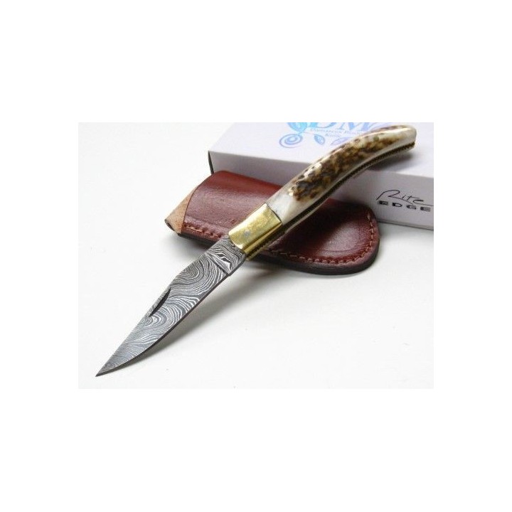 Couteau Damas Façon Laguiole Lame 128 Couches Manche Bois de Cerf Etui Cuir DM1087 - Livraison Gratuite