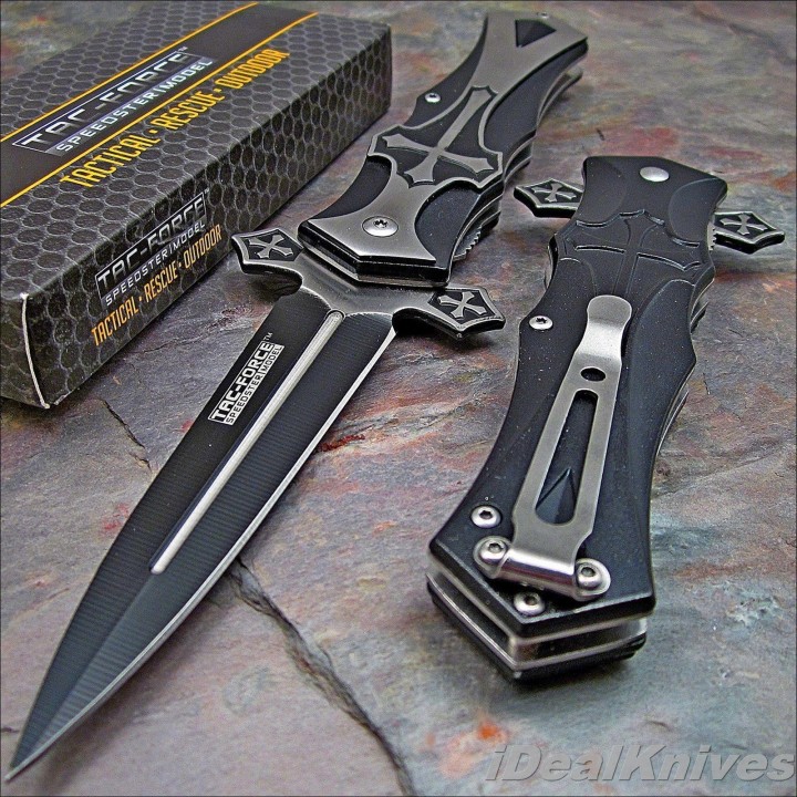 Couteau Tac Force A/O Gothique Celtic Cross Lame Acier 440 Manche Aluminium TF817BK - Livraison Gratuite