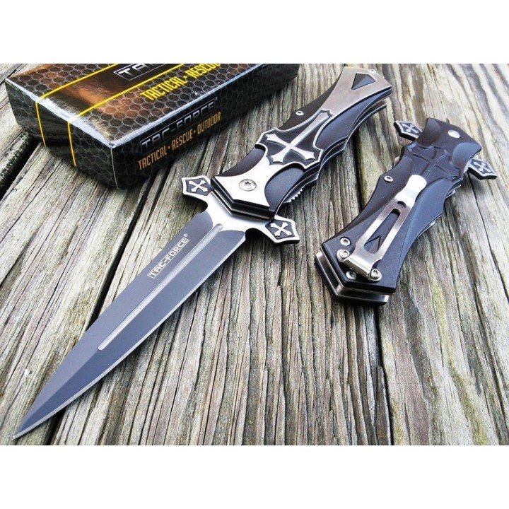 Couteau Tac Force A/O Gothique Celtic Cross Lame Acier 440 Manche Aluminium TF817BK - Livraison Gratuite