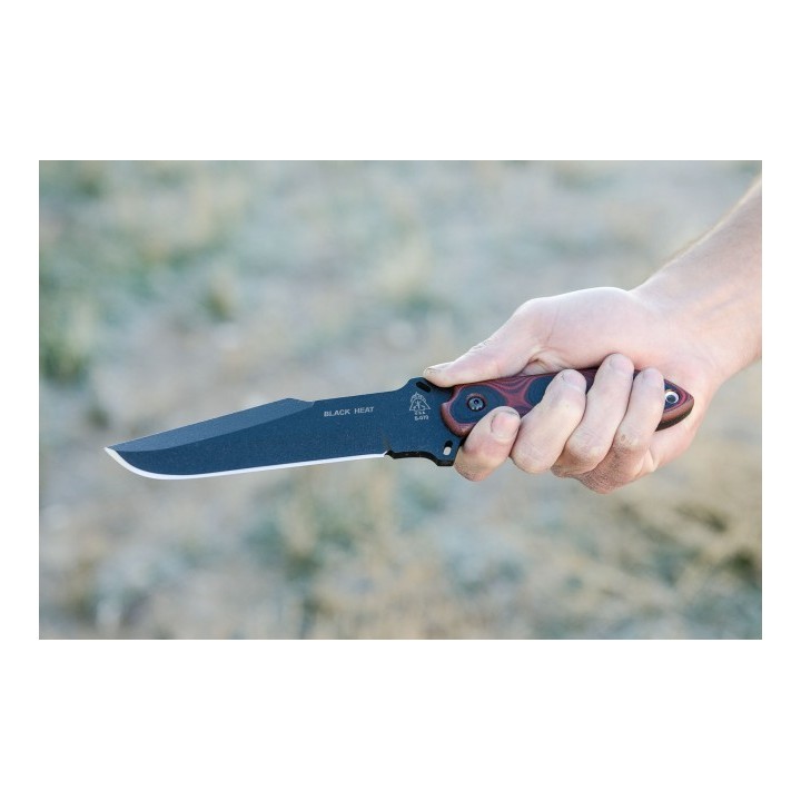 Couteau Tops Knives Black Heat Lame Acier 1095 Carbon Manche Micarta Etui Kydex Made USA TPBKHT01 - Livraison Gratuite